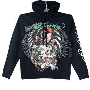 NWT Ed Hardy Men Battle Skull Eagle Snake Black Pullover Hoodie Sweatshirt Sz XL